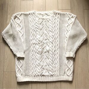 Hand Knit Cable Knit Drop Shoulder Lace Detailed Sweater in White